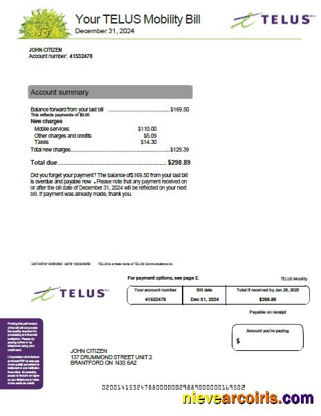Canada Telus utility bill, version 2